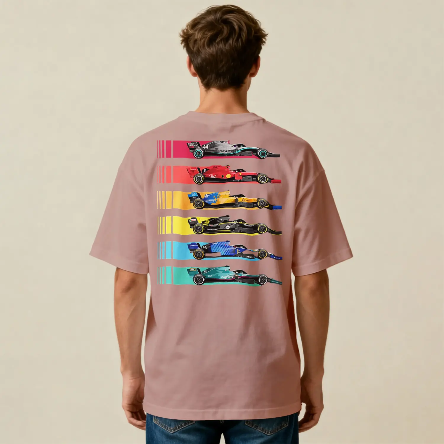 Renkli Yarış Arabaları Baskılı Erkek Tişört