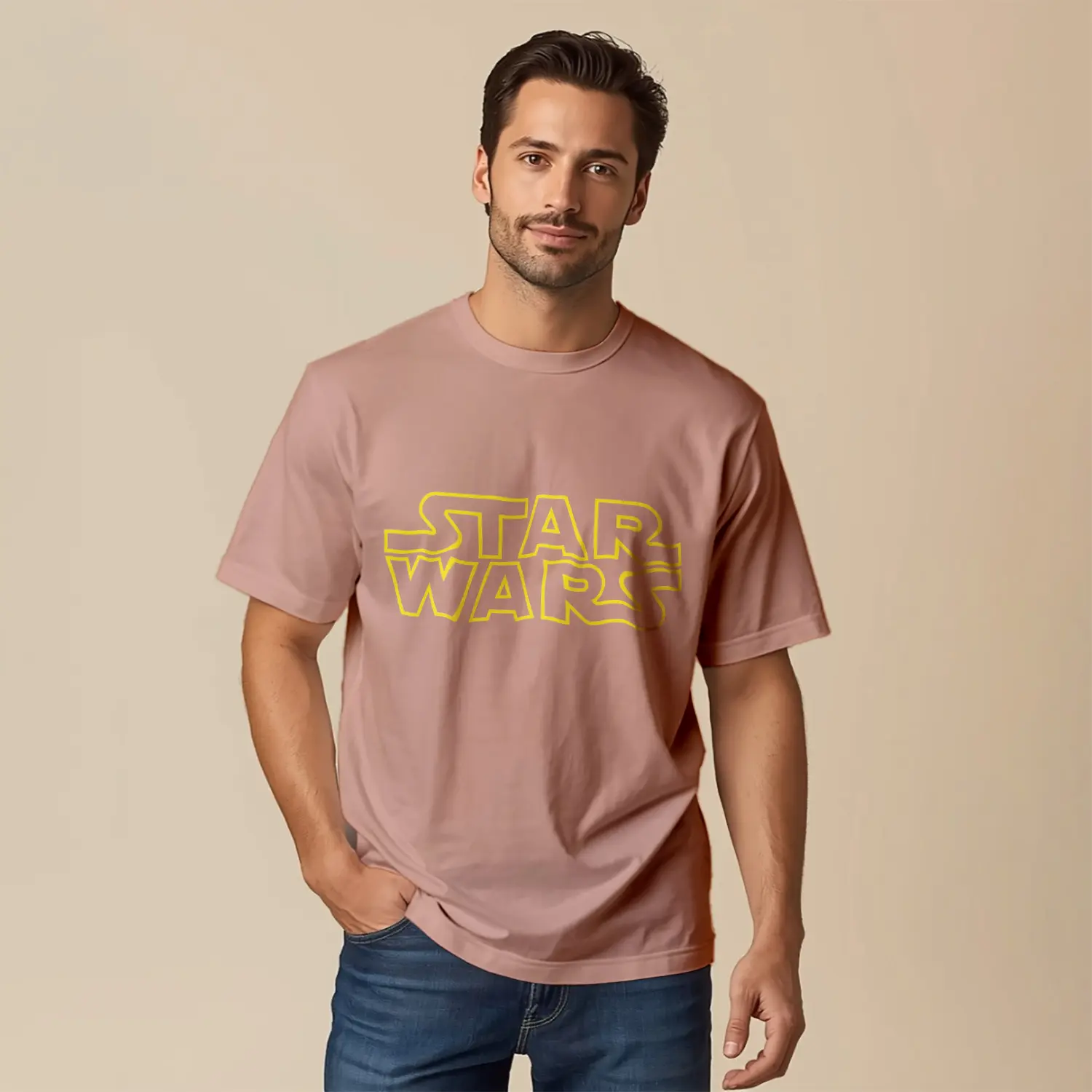 Retro Tarz Sarı Yazılı Pembe Baskılı Erkek Tişörtü