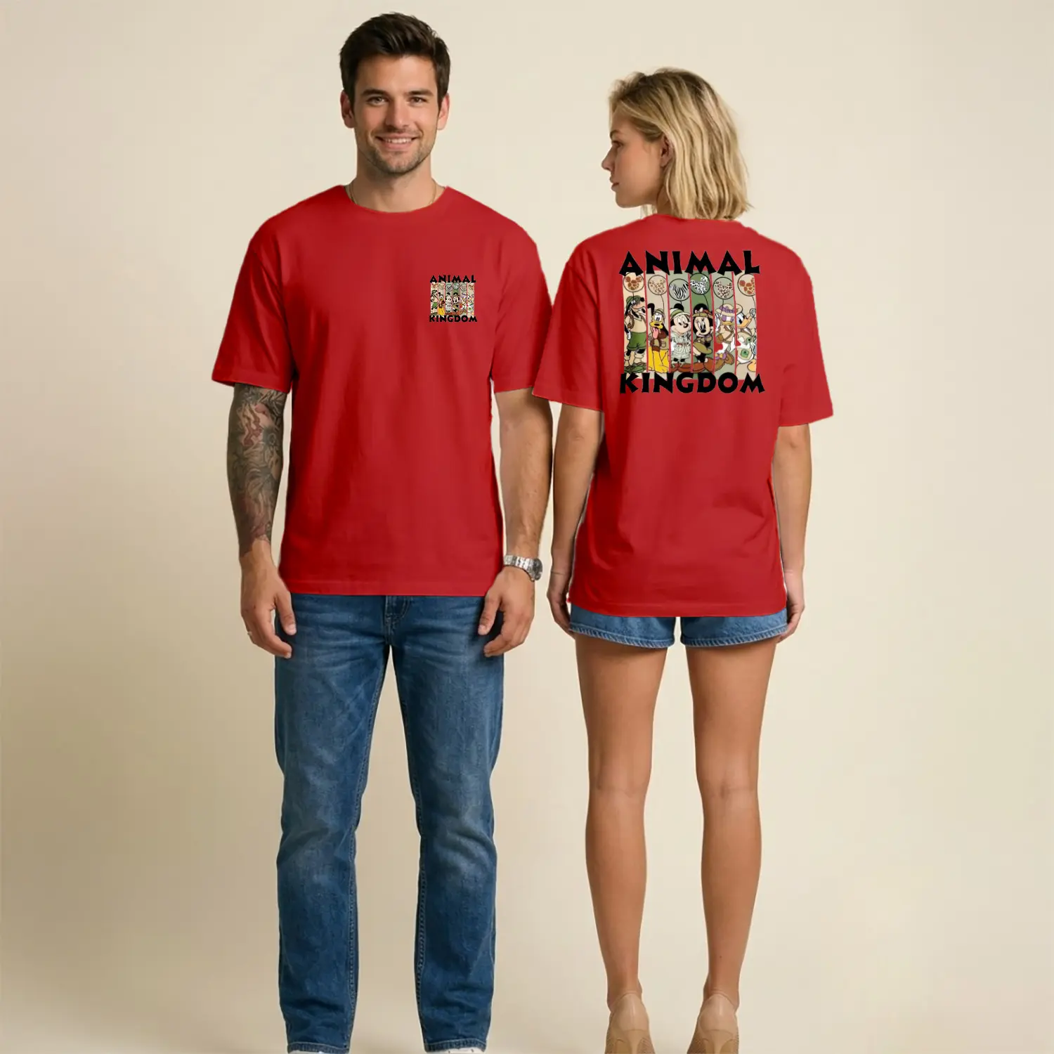 Safari Temalı Karikatür Karakterler Figürlü Ön Arka Baskılı Unisex Tişört