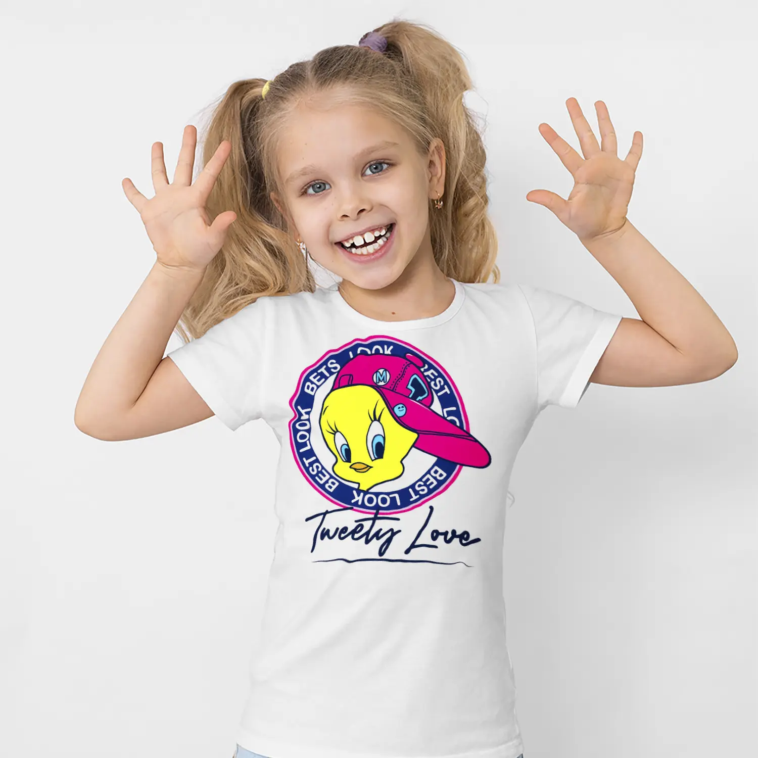 Sapkali Sarı Kus Karikatur Tweety Love Yazılı Baskılı Kiz Çocuk Tisortu Tişörtü