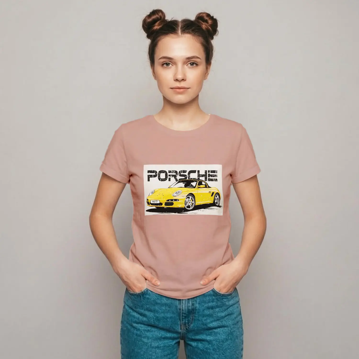 Sarı Spor Araba Baskılı Kadın Tişört