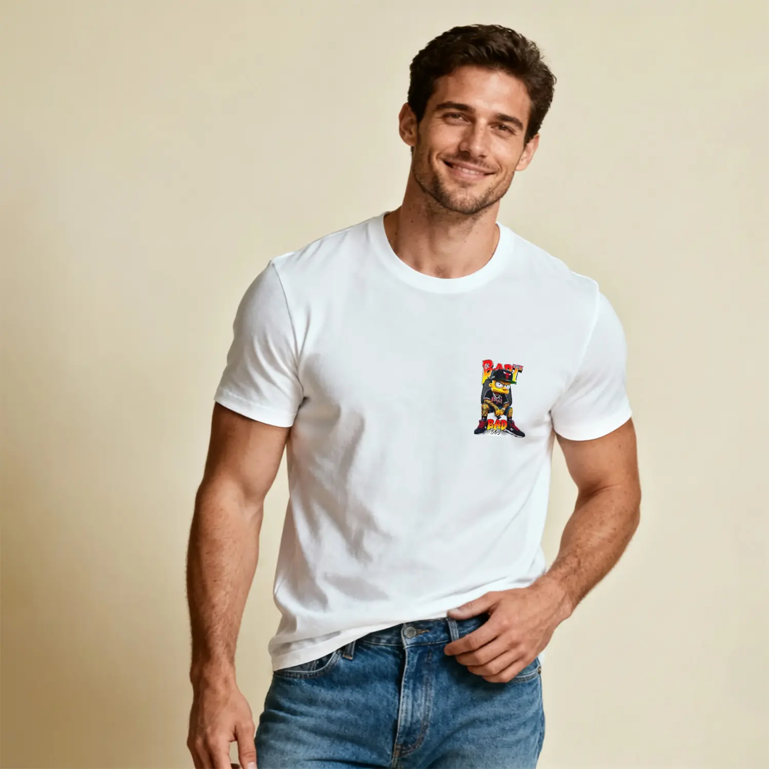 Sarı Çizgi Film Karakteri Bad Boy Sokak Stili Baskılı Erkek Tişört