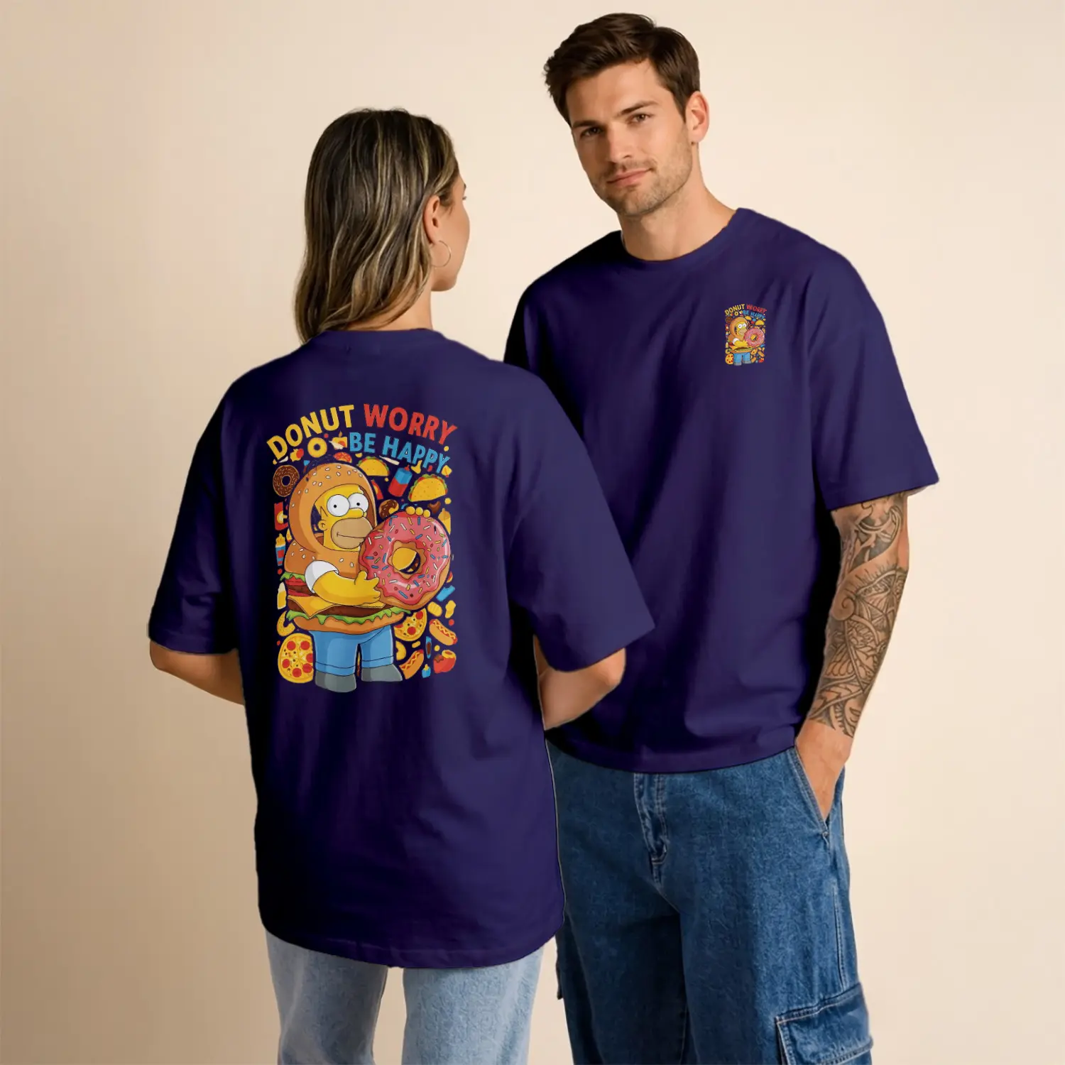 Sarı Çizgi Film Karakteri Donut Worry Be Happy Baskılı Unisex Tişört