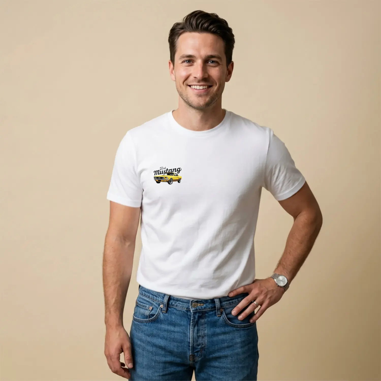 Sarı Retro Spor Araba Baskılı Erkek Tişörtü