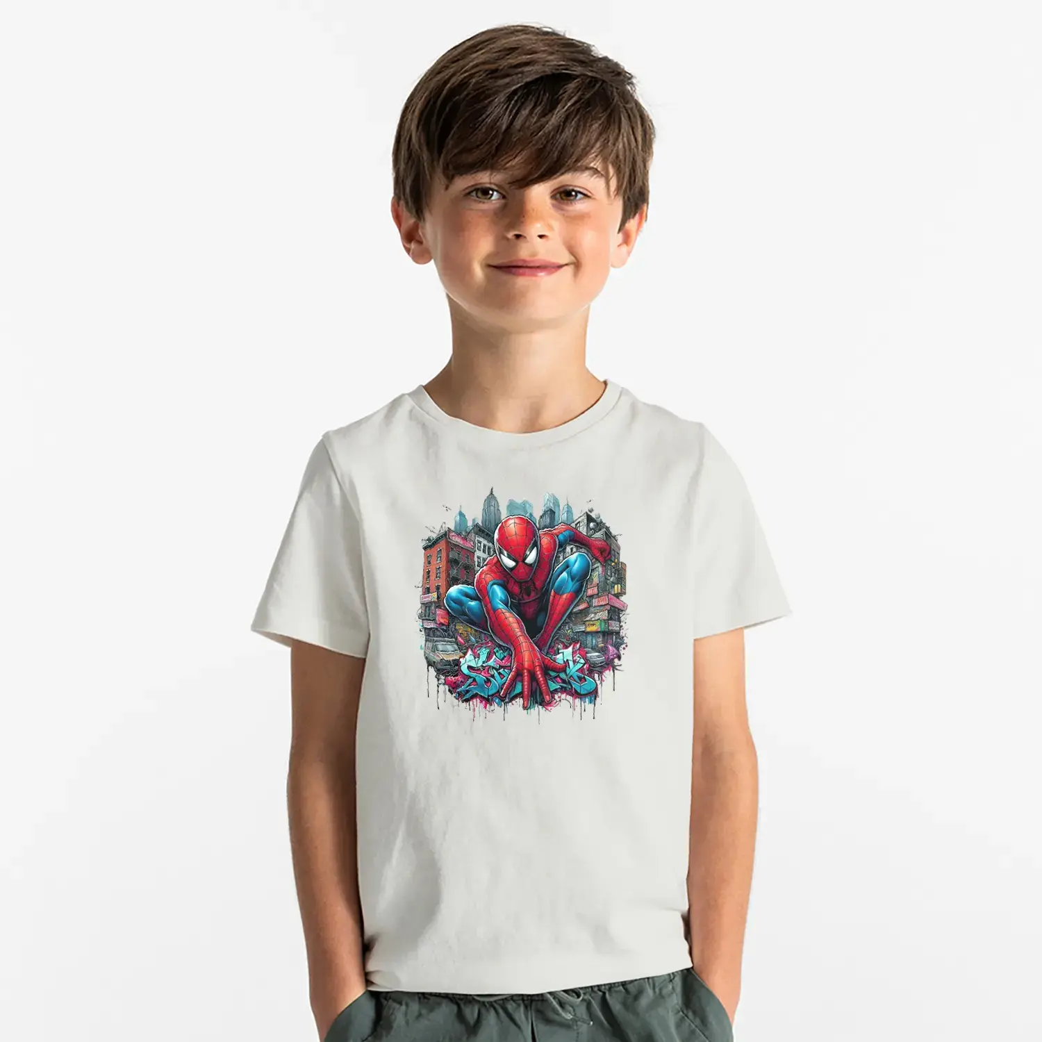 Şehir Temalı Ağ Atan Süper Kahraman Baskılı Erkek Çocuk Tişört