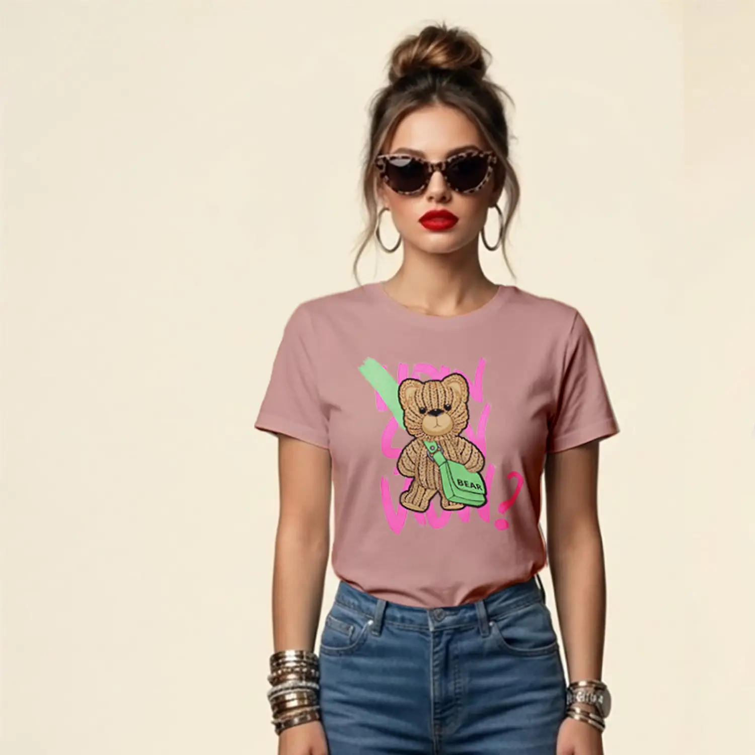 Sevimli Ayıcık Çanta Baskılı Kadın Tişört