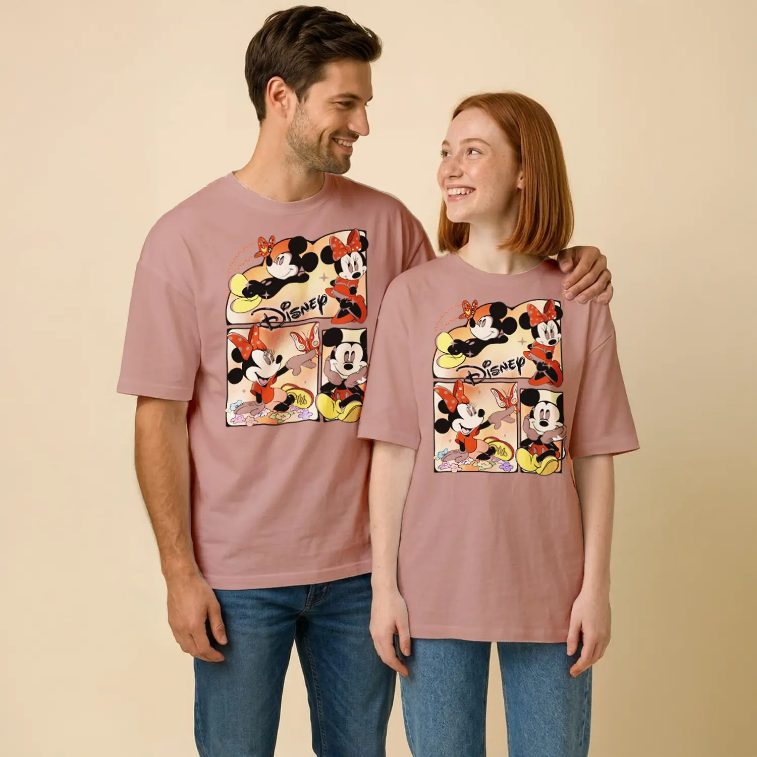 Sevimli Karakterler Baskılı Çift Tişörtü