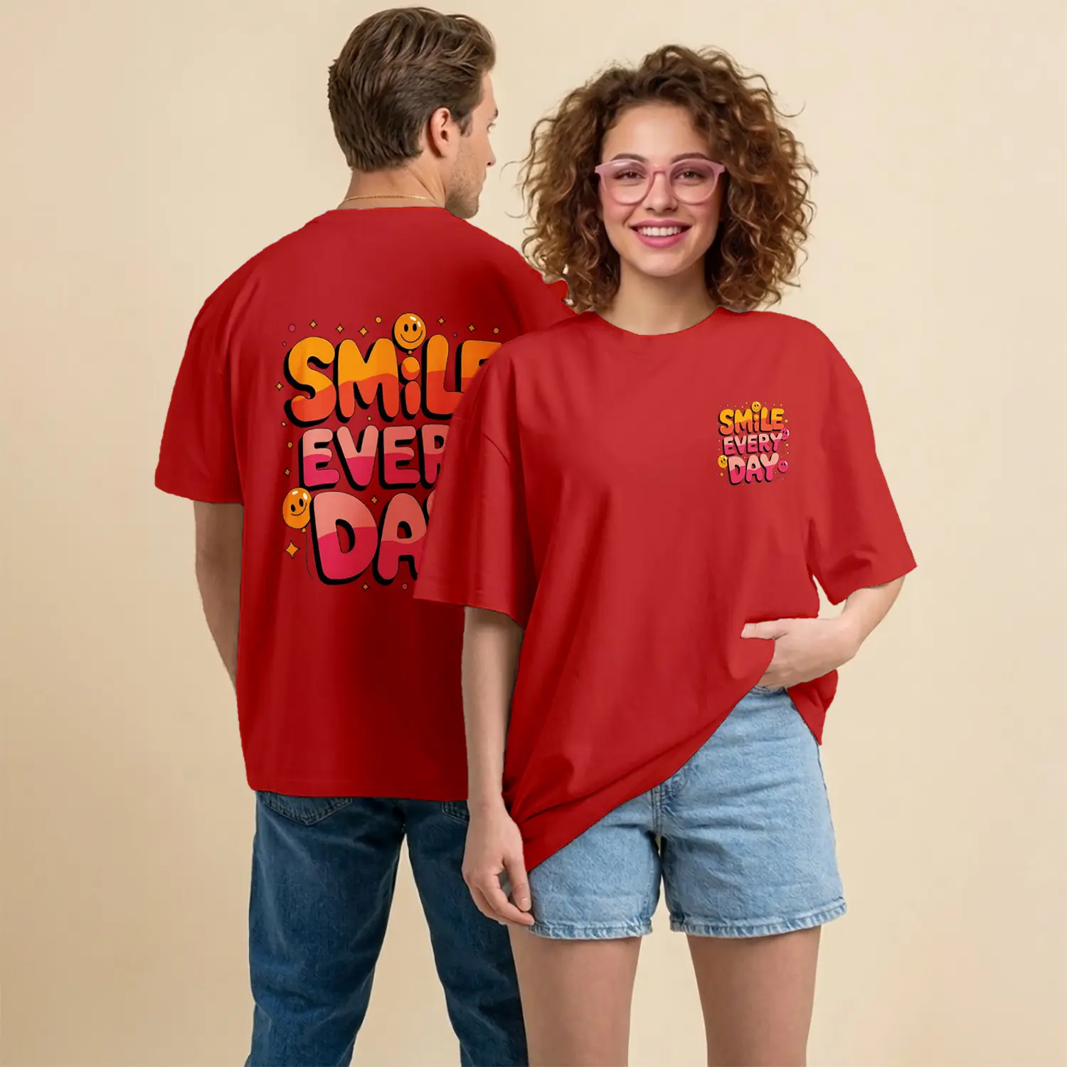 Smile Everyday Smiley Renkli Yazı Baskılı Unisex Tişört