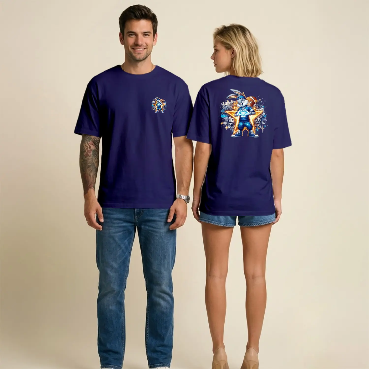 Sporcu Tavşan Karikatür Figürlü Ön Arka Baskılı Unisex Tişört