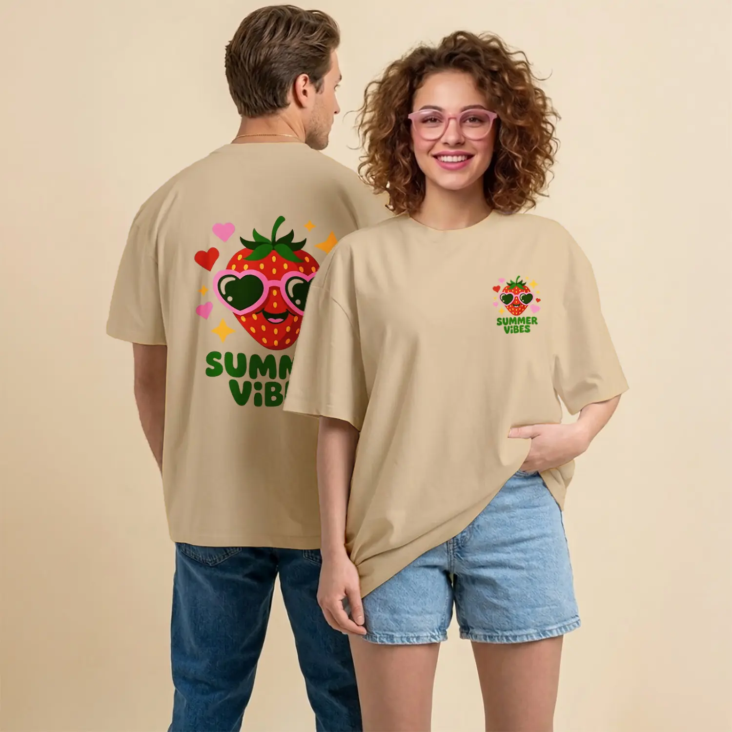 Summer Vibes Çilekli Kawaii Figür Baskılı Unisex Tişört