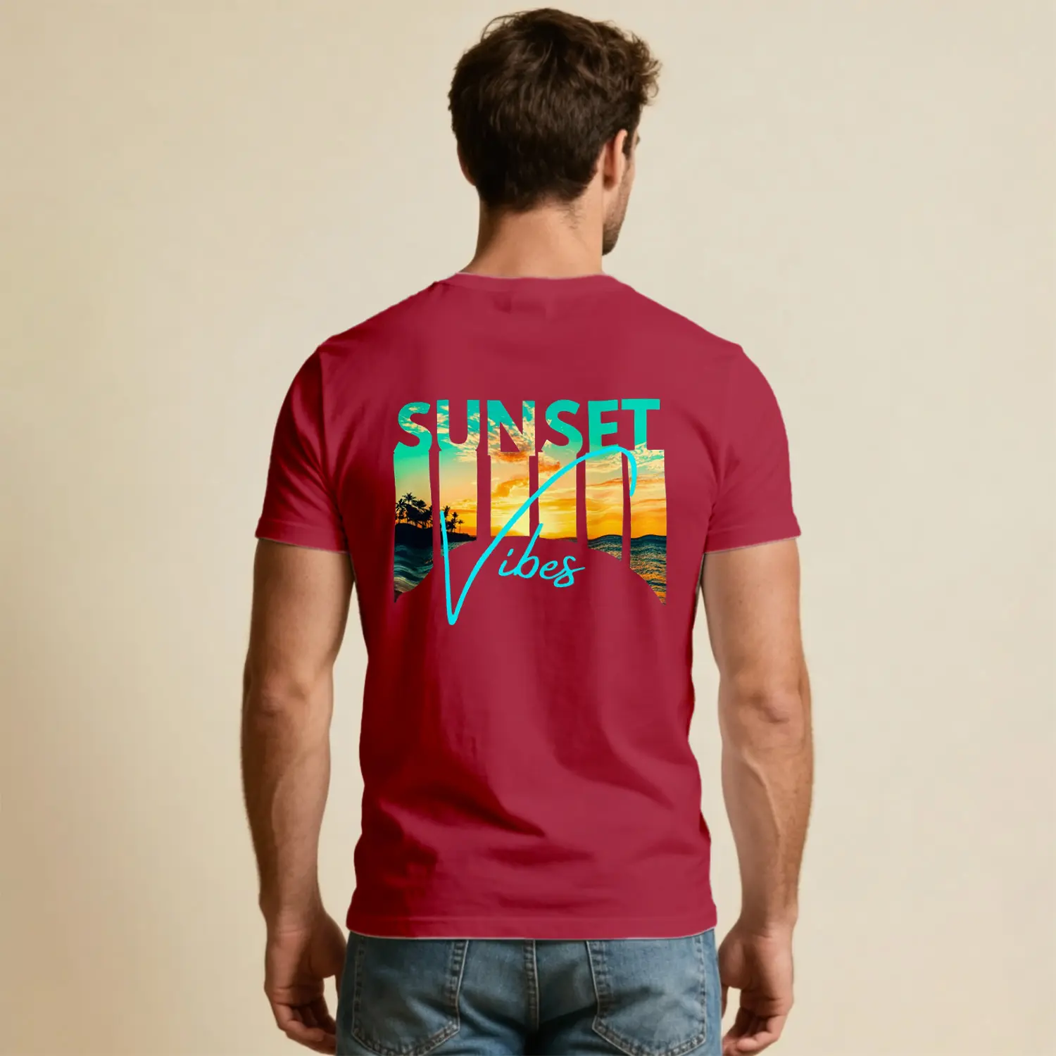Sunset Vibes Tropikal Gün Batımı Baskılı Erkek Tişört