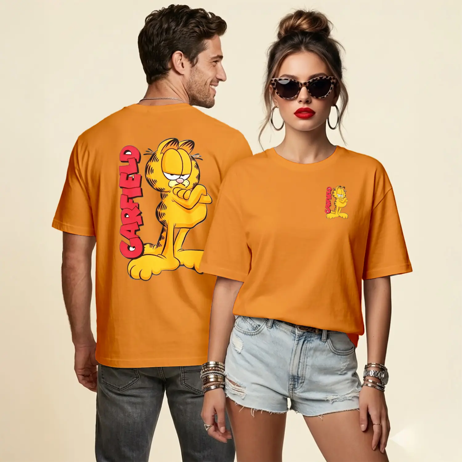 Turuncu Kedi Çizgi Film Karakteri Sinirli Poz Baskılı Unisex Tişört