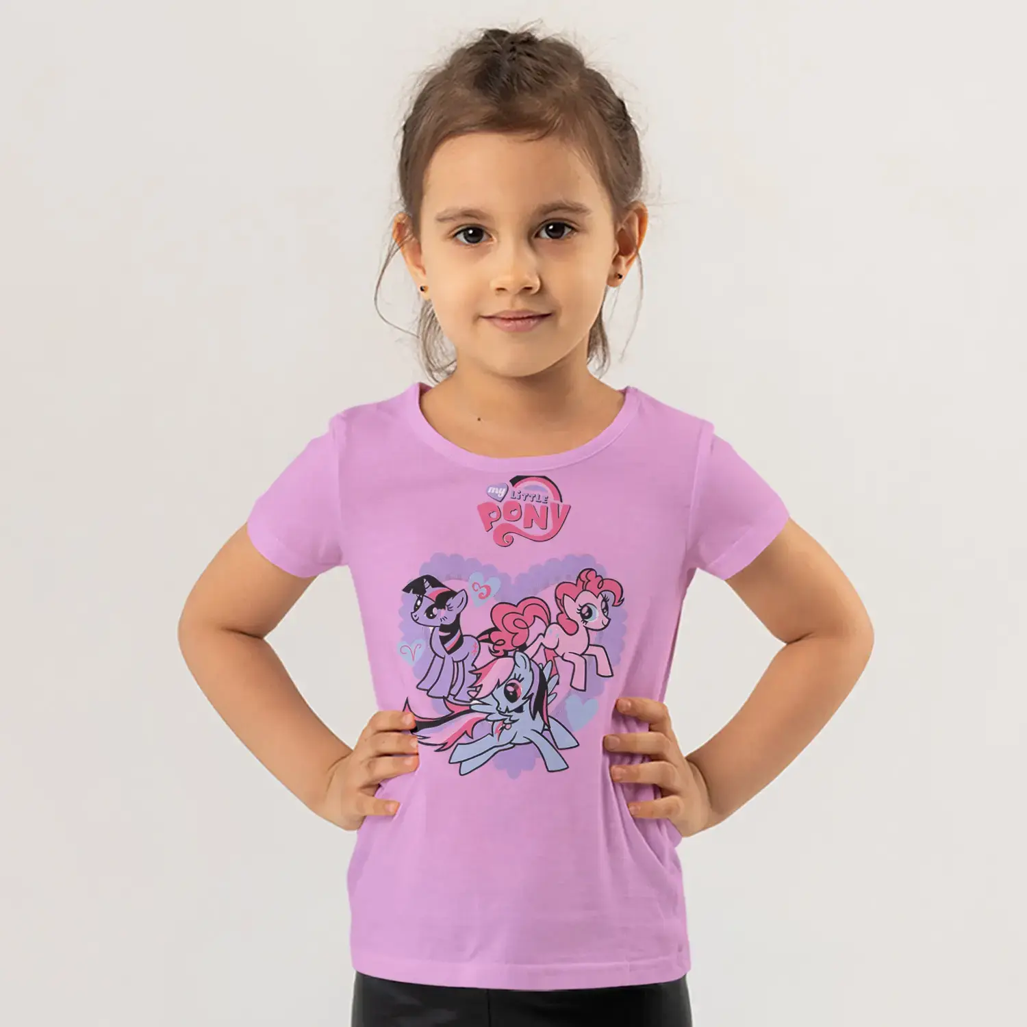 Üç Renkli Sevimli Minik At Figürlü Mor Kalp Baskılı Kız Çocuk