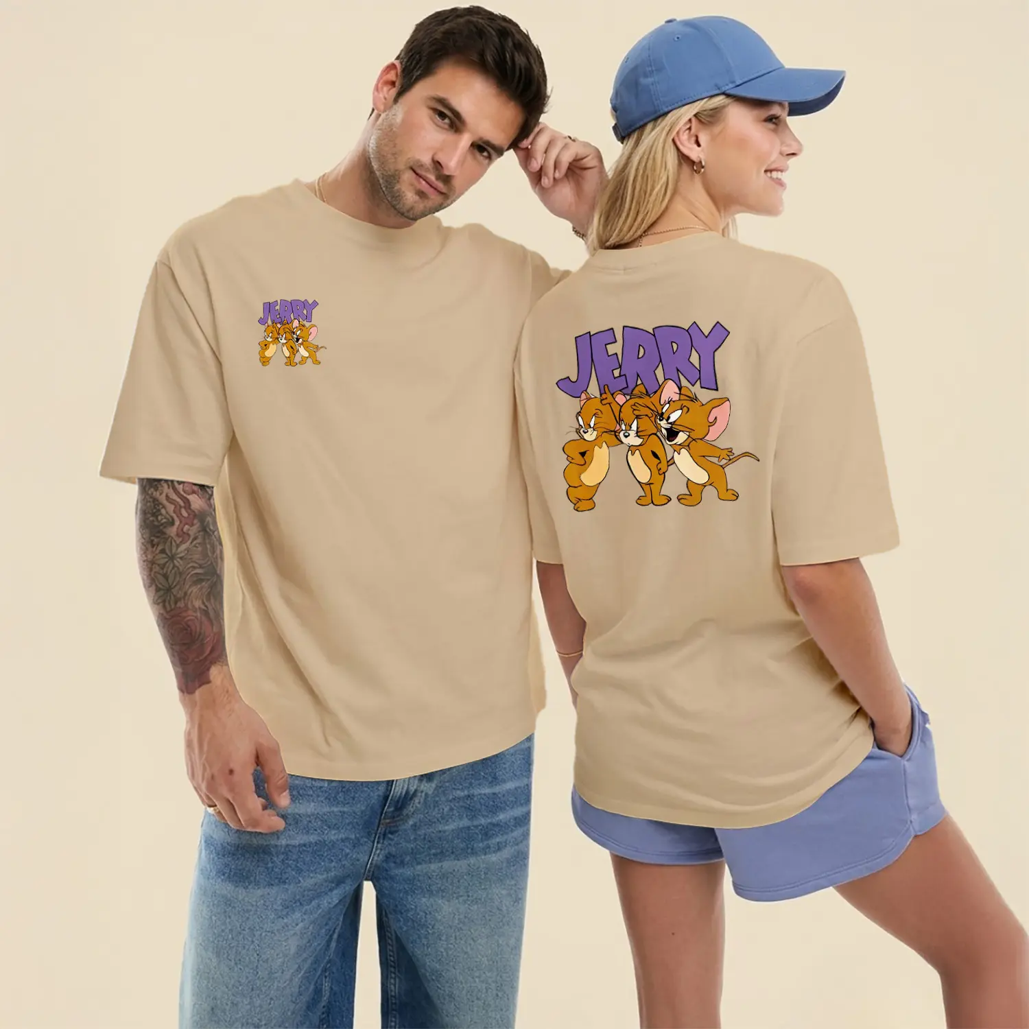 Üçlü Fare Karikatür Figürlü Ön Arka Baskılı Unisex Tişört