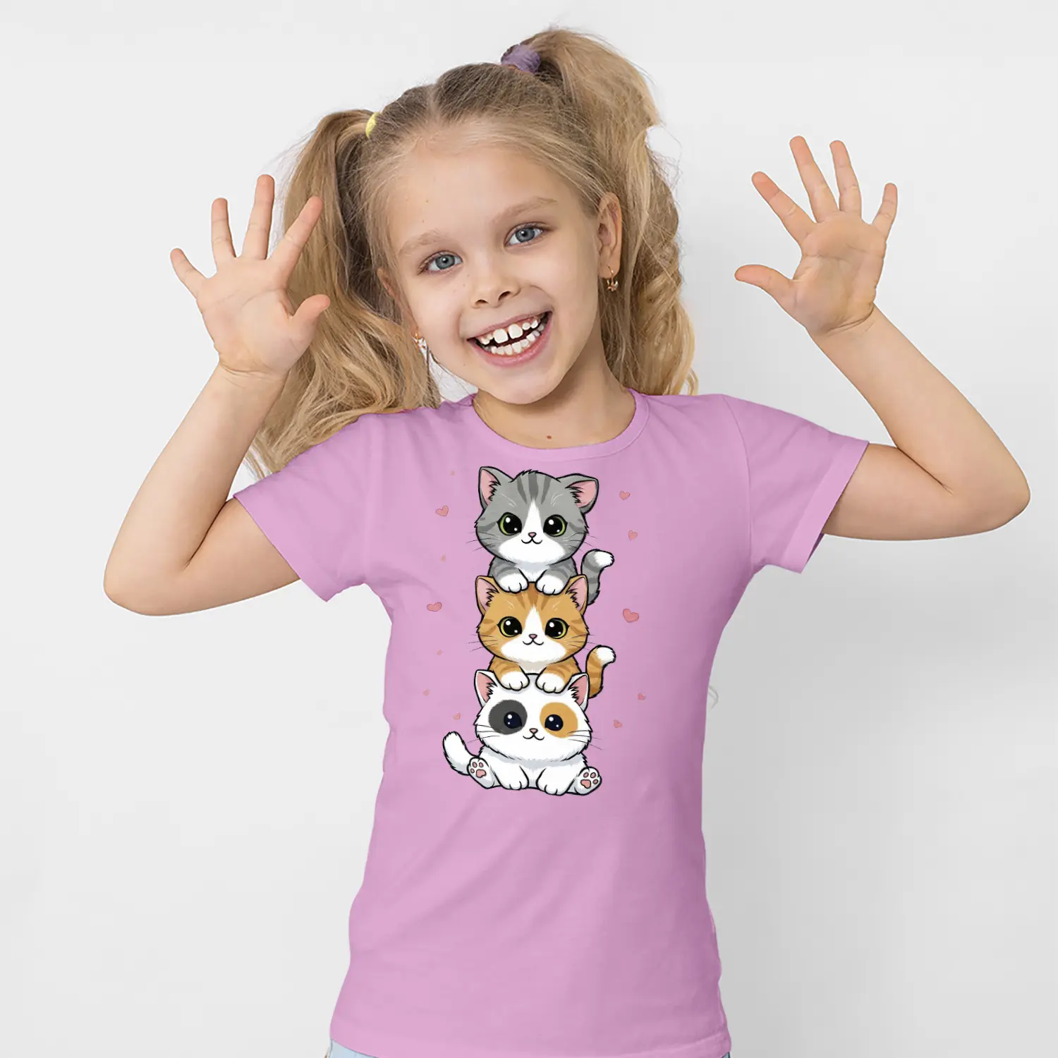 Üst Üste Sevimli Üçlü Kedi Figürlü Baskılı Kız Çocuk Tişörtü