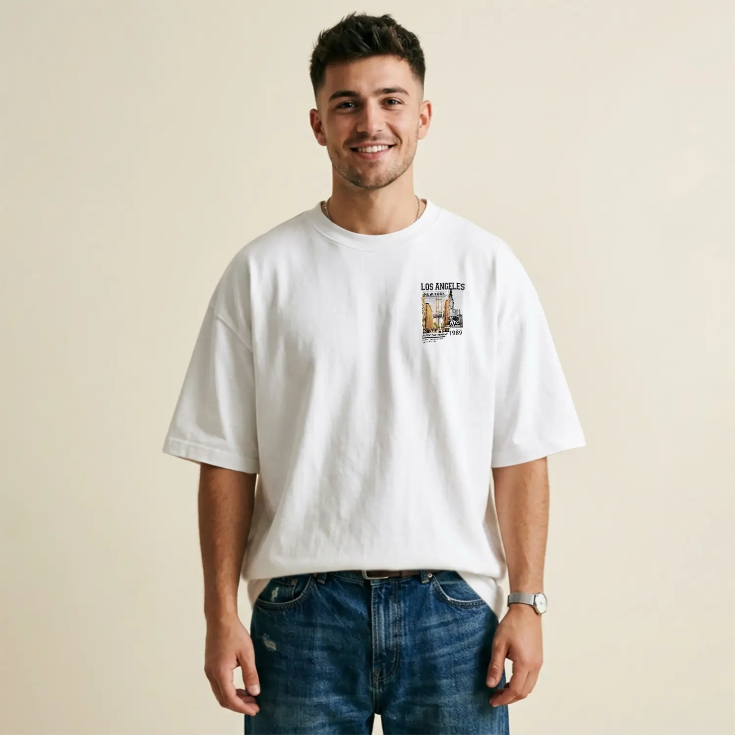 Vintage Esintili Şehir Temalı Baskılı Erkek Tişörtü