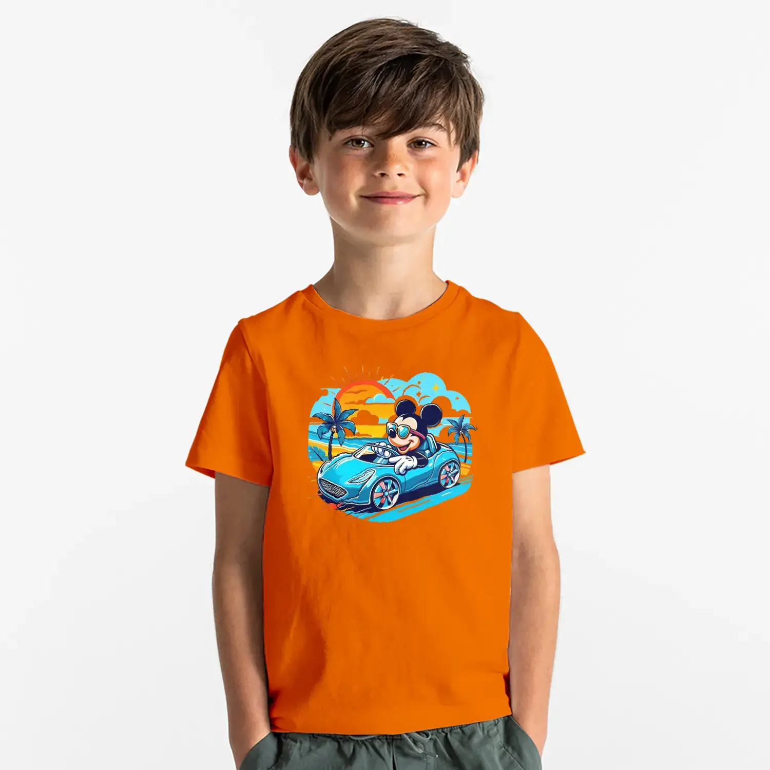Yaz Temalı Arabalı Sevimli Fare Baskılı Erkek Çocuk Tişört