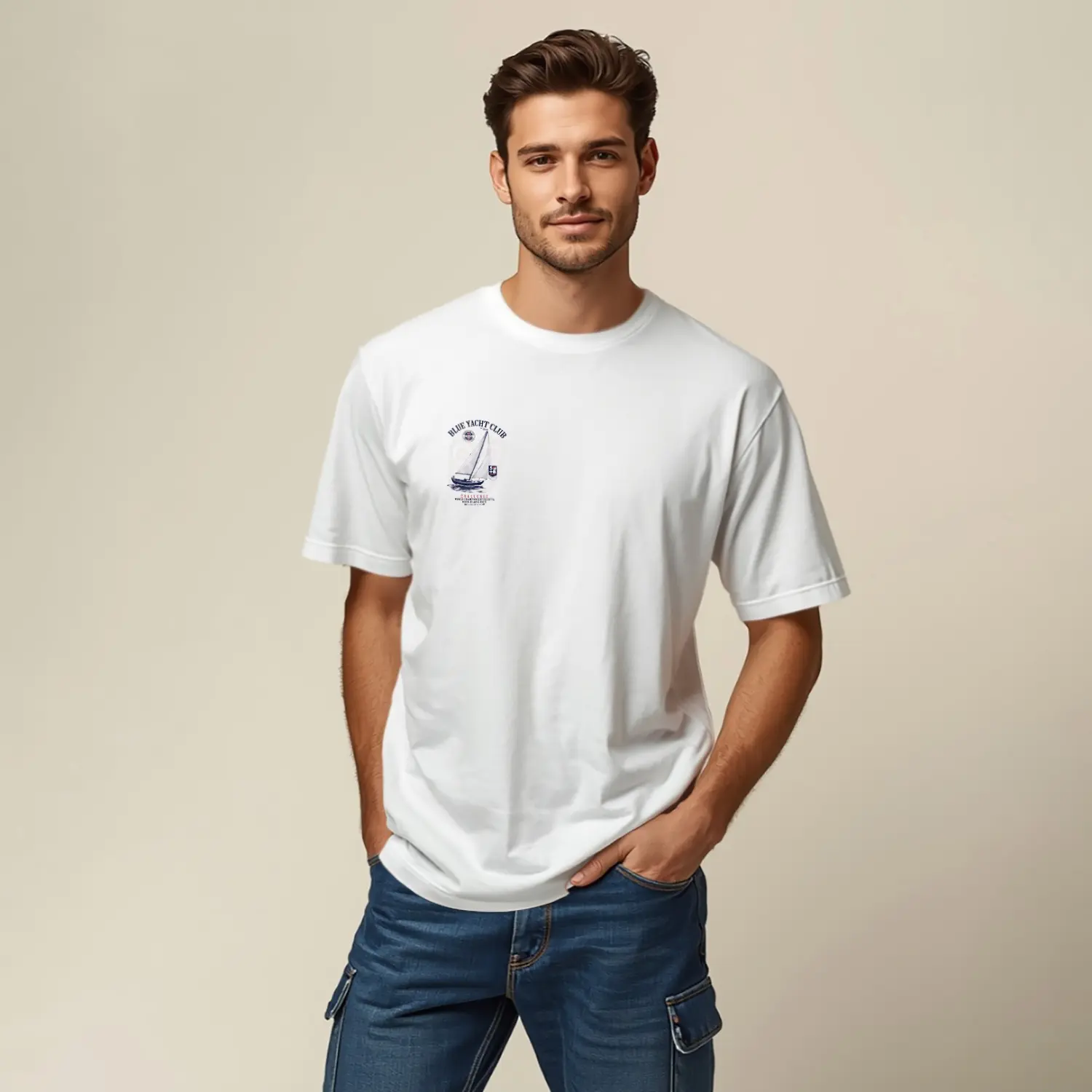 Yelkenli Tekne Baskılı Erkek Tişört