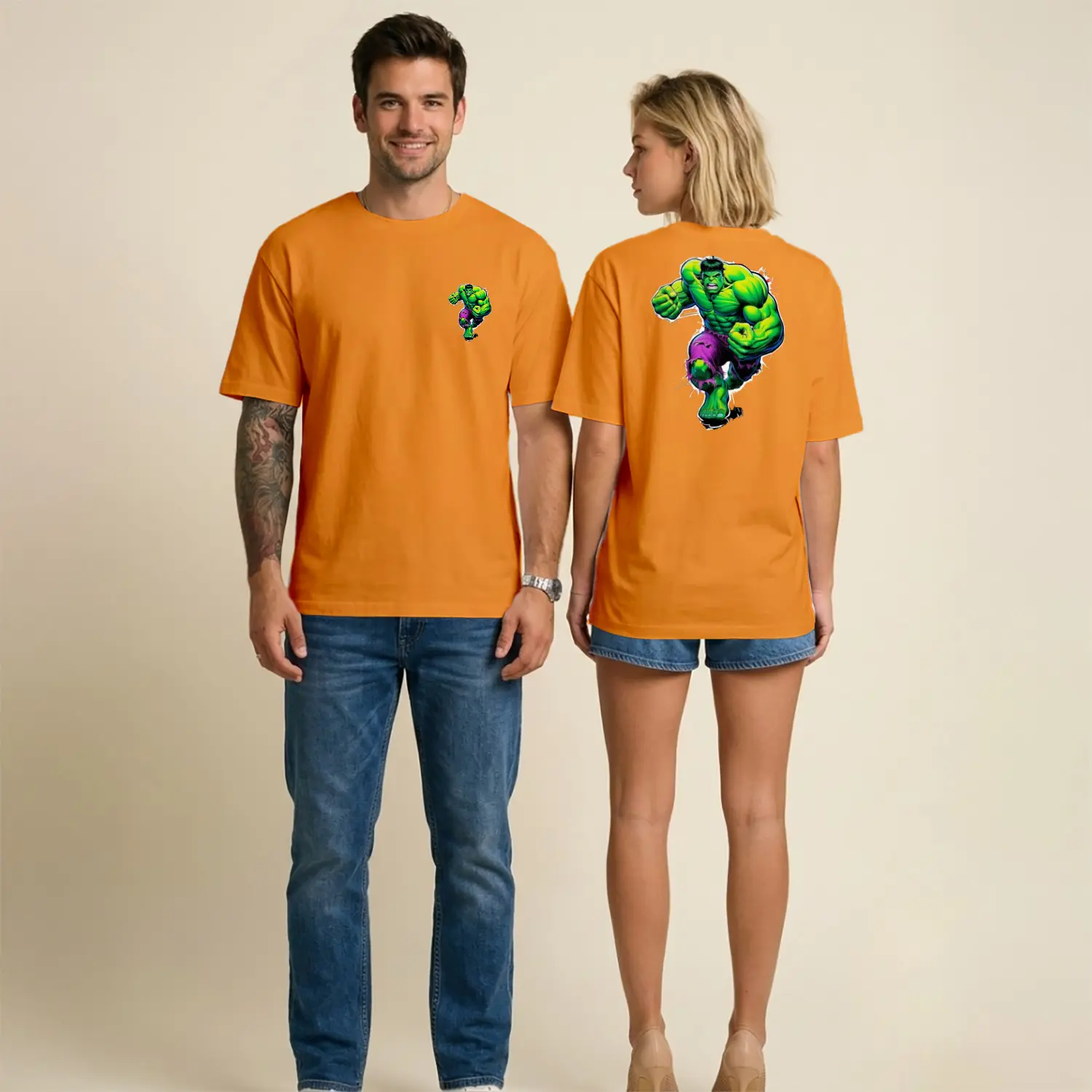 Yeşil Dev Süper Kahraman Figürlü Ön Arka Baskılı Unisex Tişört