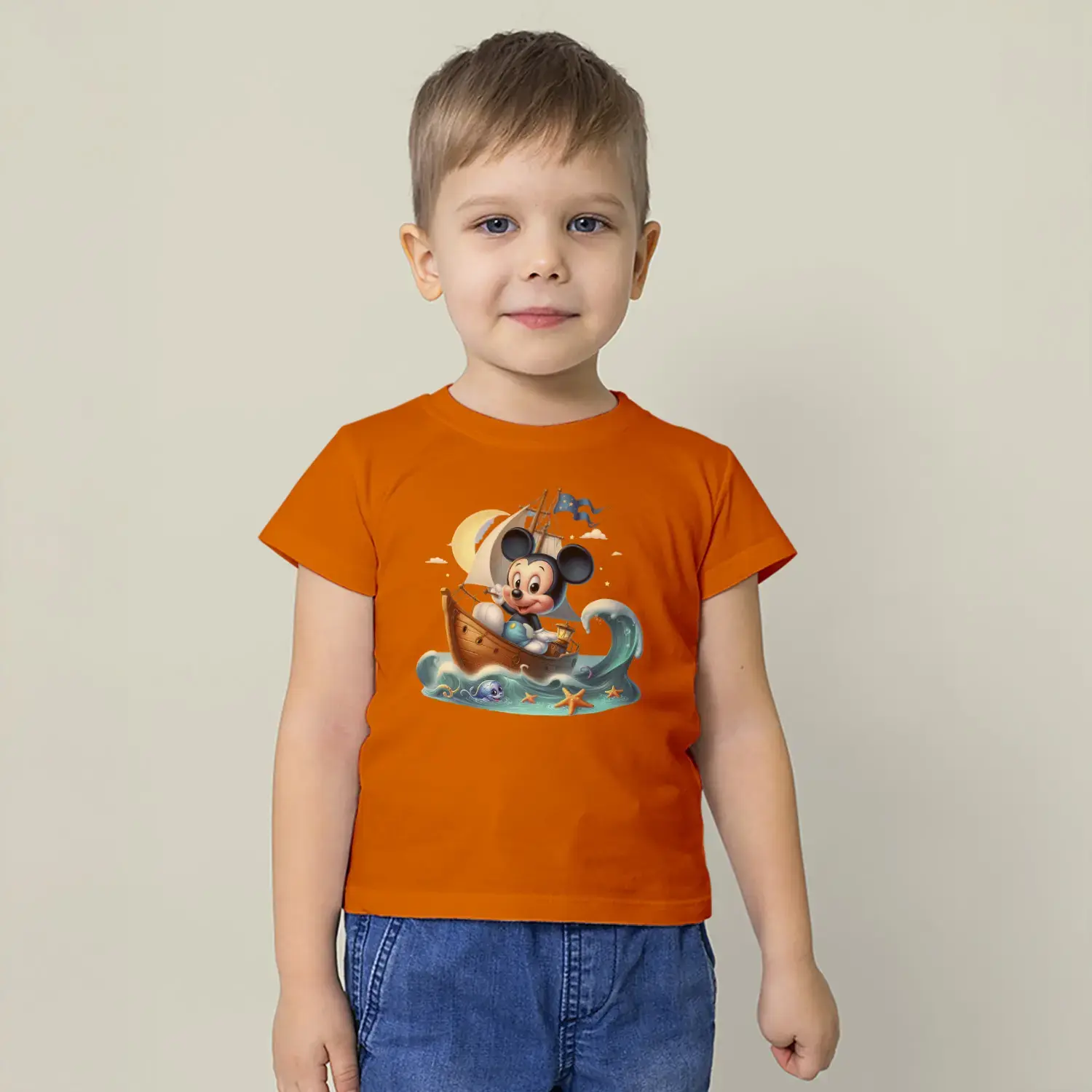 Yuvarlak Kulaklı Çizgi Film Karakteri Yelkenli Baskılı Erkek Çocuk Tişört