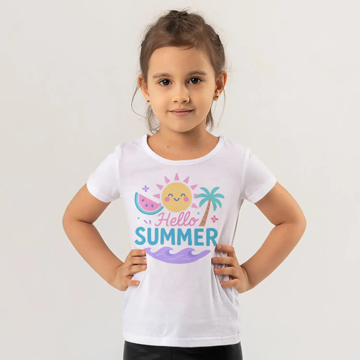 Hello Summer Güneş Palmiye Karpuz Yaz Temalı Baskılı Kız Çocuk Tişörtü